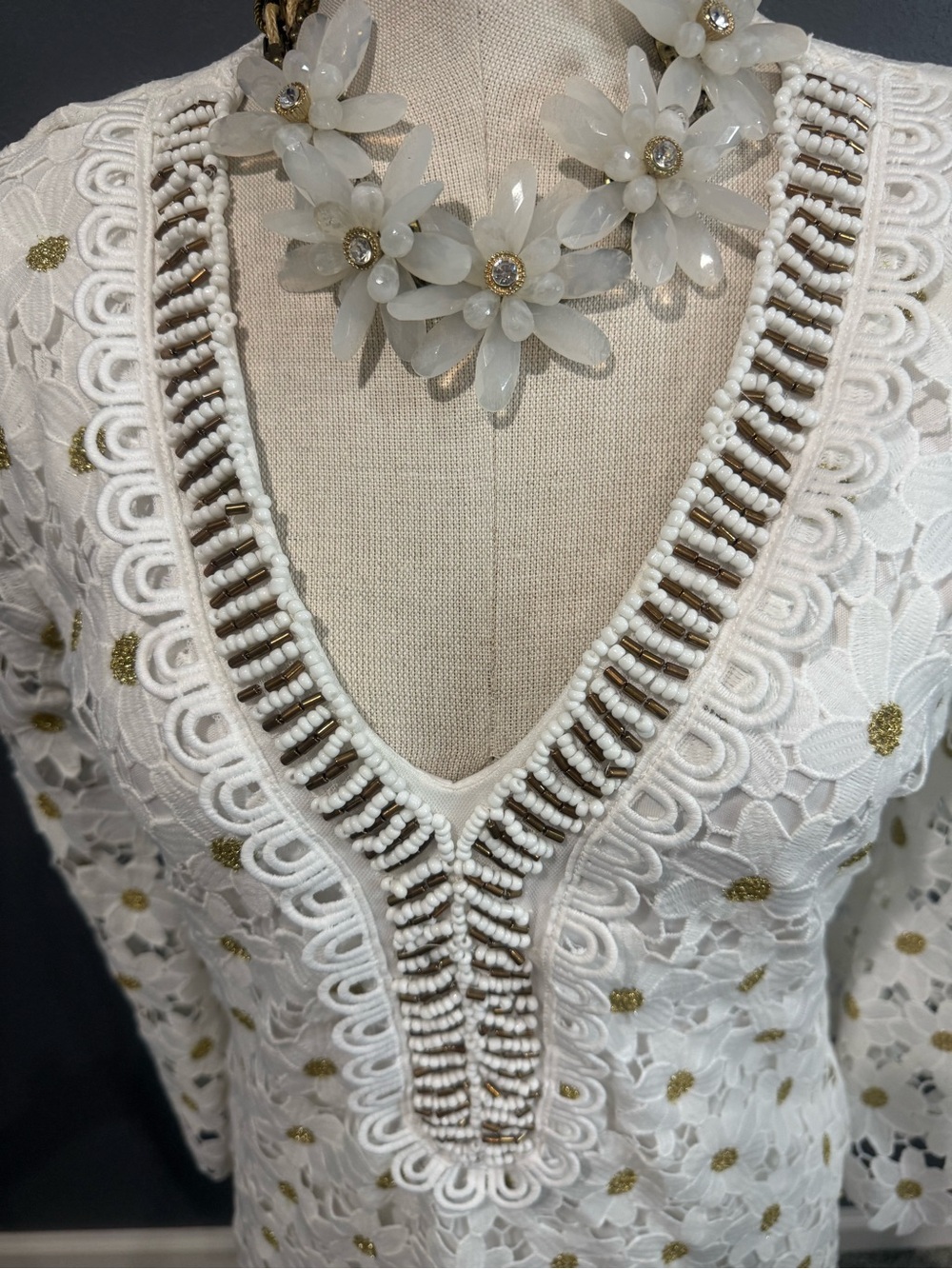 Boston Proper White Crochet V-Neck Long Sleeve Shift Dress - Picture 2 of 9